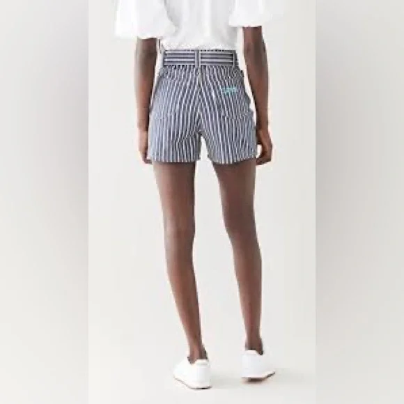 ❌SOLD❌NWOT Ganni Mixed Stripe Dark Indigo Denim Buster Top & Shorts Set💙🤍💙 - Picture 4 of 16